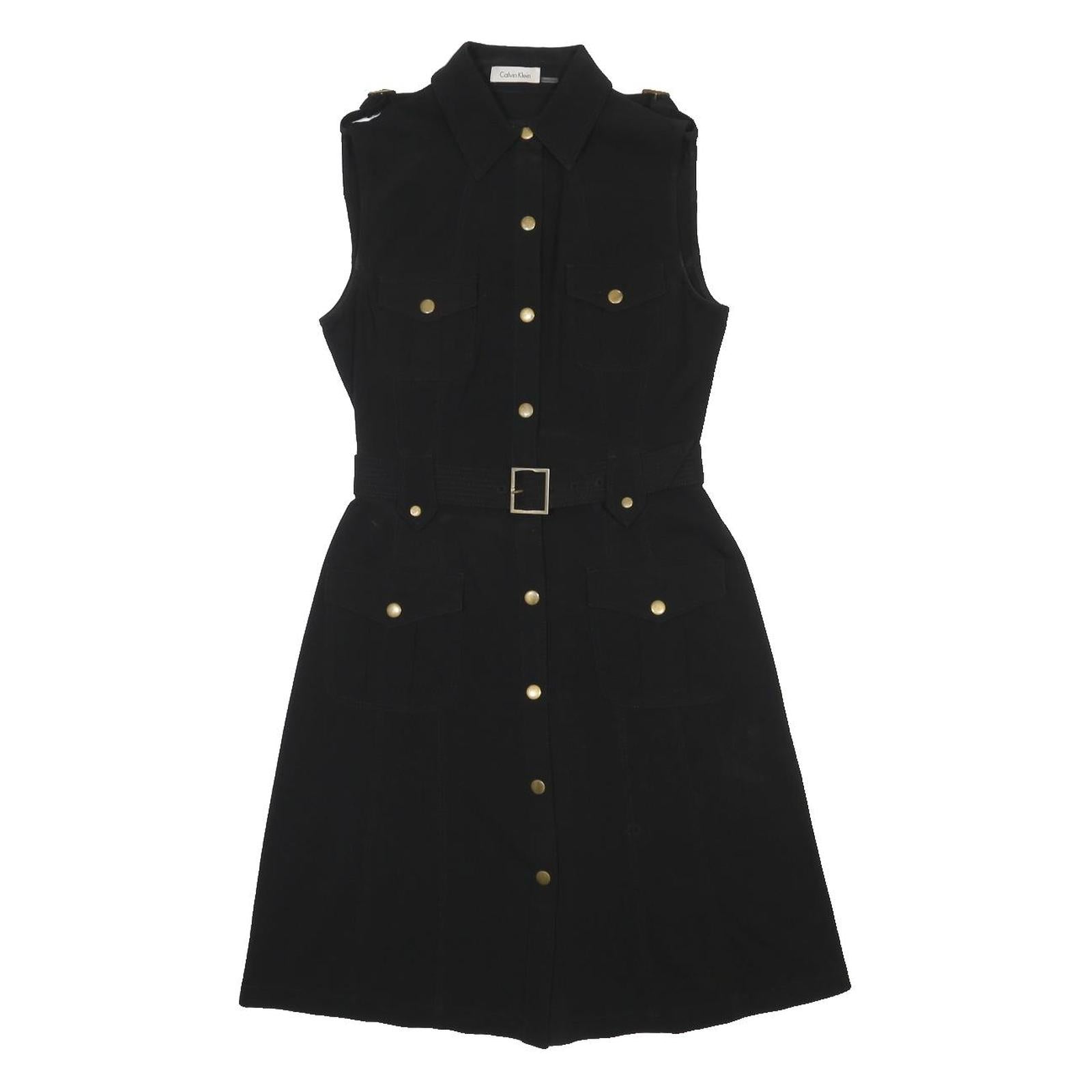 CALVIN KLEIN Womens Black Sleeveless Shirt Dress Polyester Blend Belted S