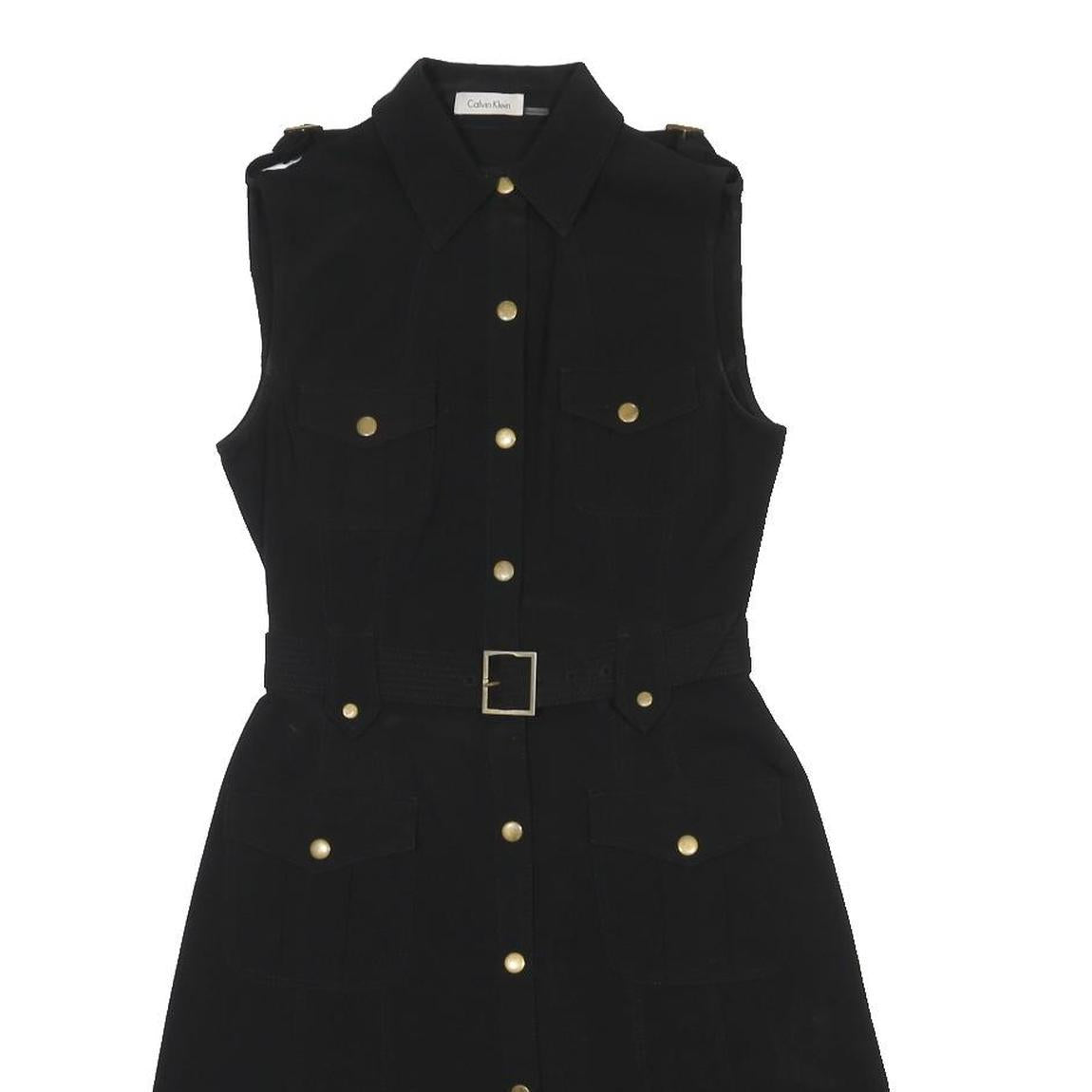 CALVIN KLEIN Womens Black Sleeveless Shirt Dress Polyester Blend Belted S