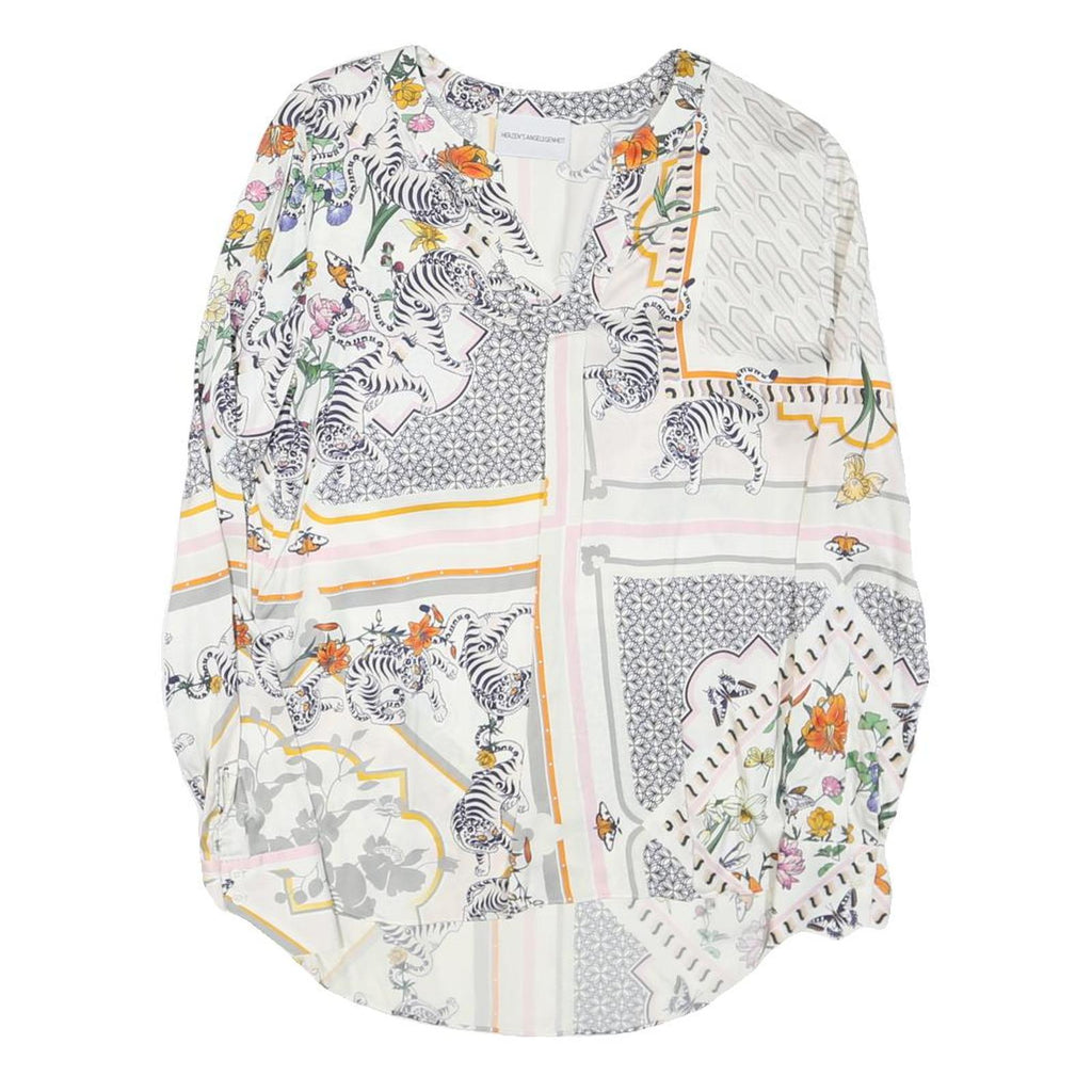Womens White Printed Long Sleeve V-Neck Top M Patchwork Floral Zebra Design