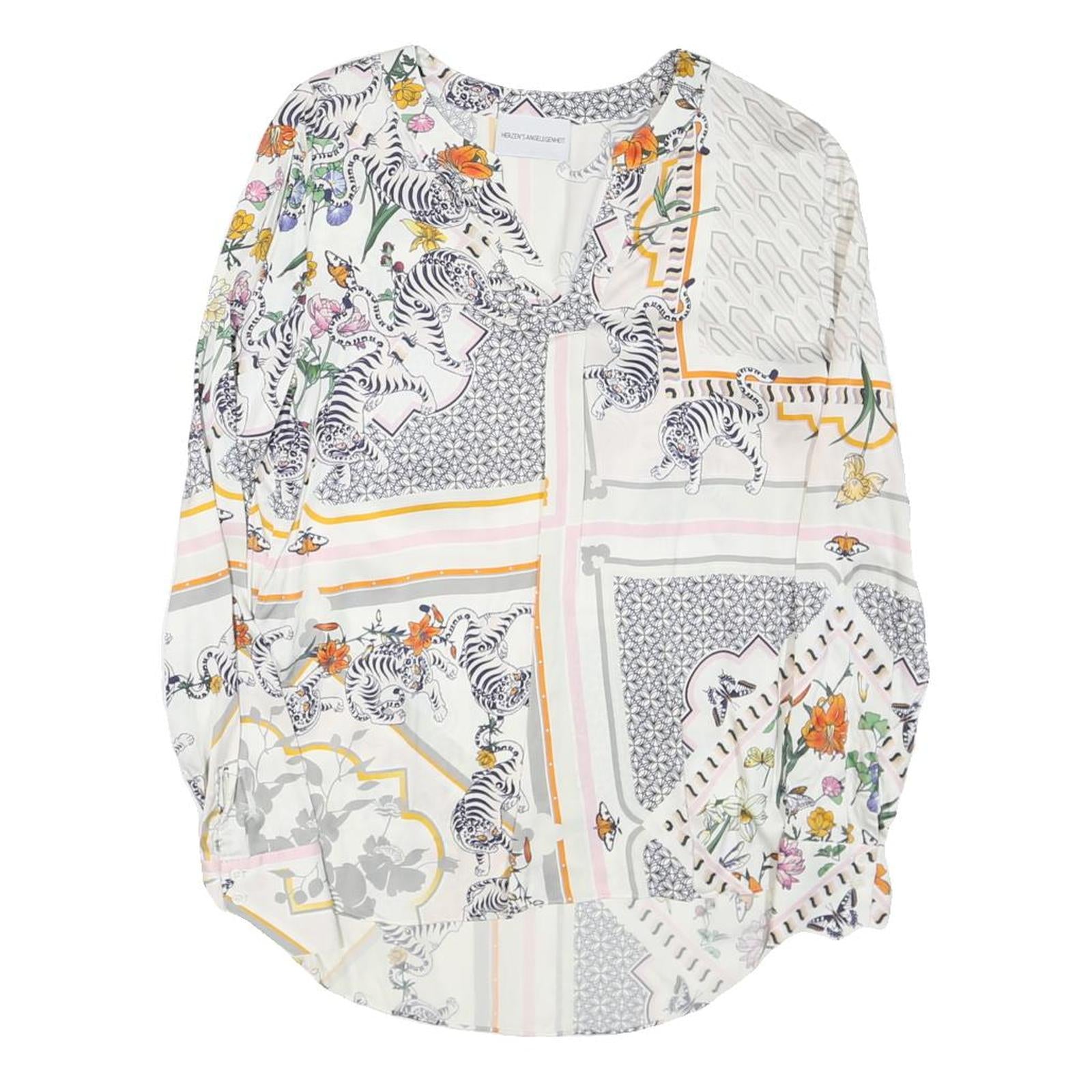 Womens White Printed Long Sleeve V-Neck Top M Patchwork Floral Zebra Design