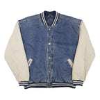 BASIC EDITIONS Mens Blue & Cream Cotton Blend Bomber Jacket M Button Closure
