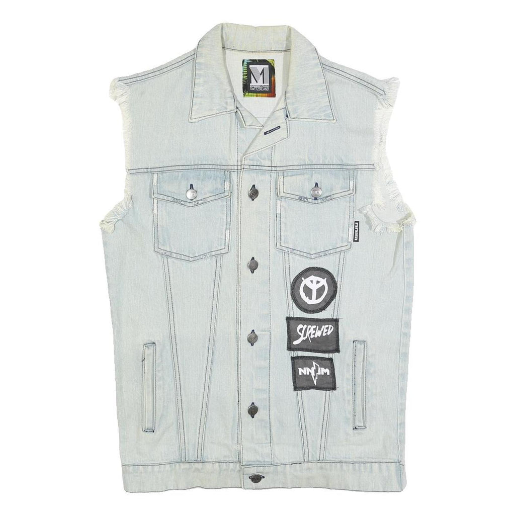 NNIM Mens Blue Denim Sleeveless Patchwork Cotton M Jacket Distressed