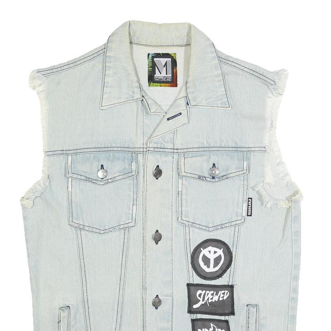 NNIM Mens Blue Denim Sleeveless Patchwork Cotton M Jacket Distressed