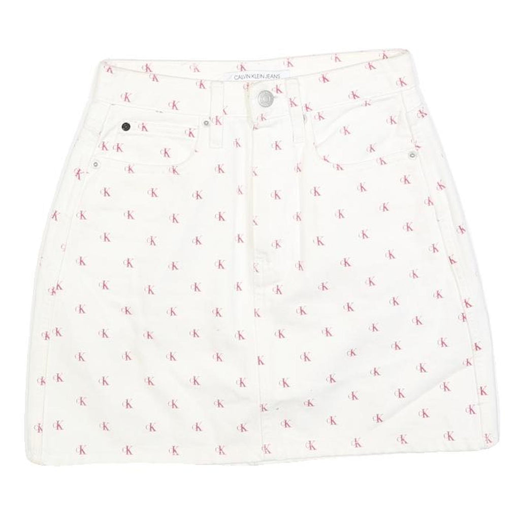 CALVIN KLEIN Womens White Cotton Blend Mini Denim Skirt XS Logo Print