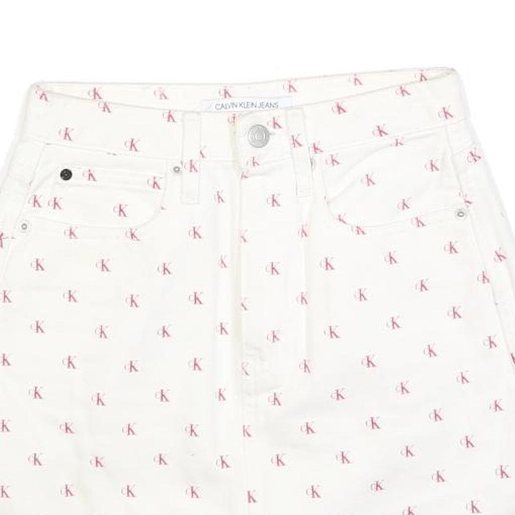 CALVIN KLEIN Womens White Cotton Blend Mini Denim Skirt XS Logo Print