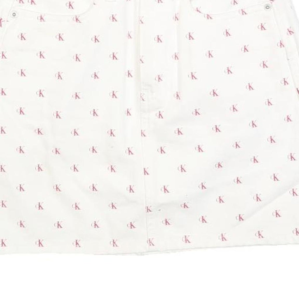 CALVIN KLEIN Womens White Cotton Blend Mini Denim Skirt XS Logo Print