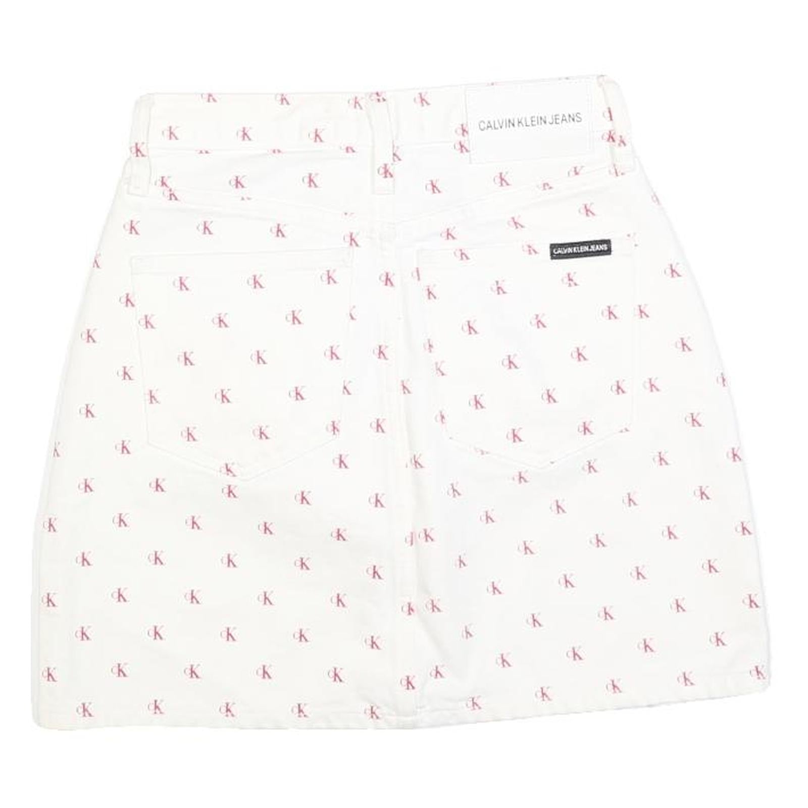 CALVIN KLEIN Womens White Cotton Blend Mini Denim Skirt XS Logo Print