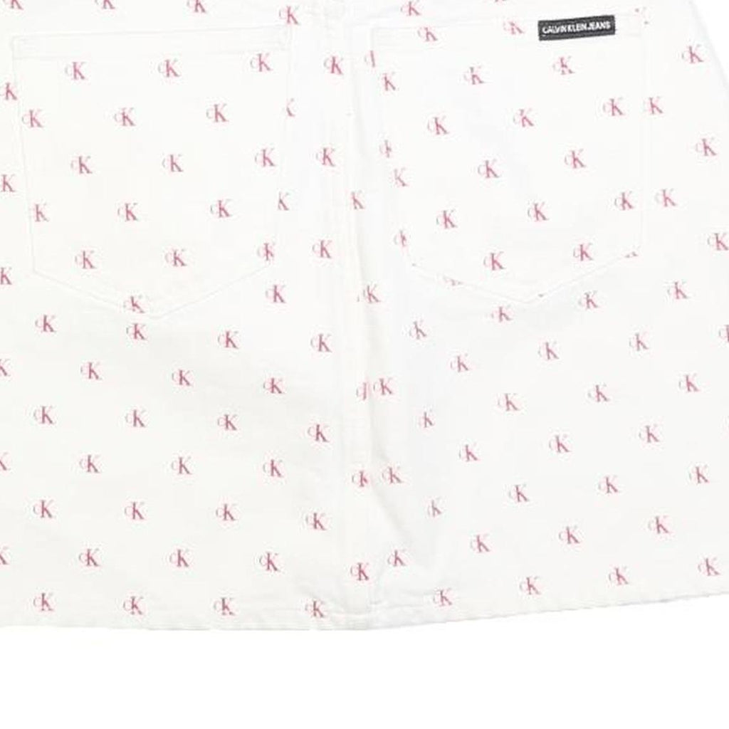 CALVIN KLEIN Womens White Cotton Blend Mini Denim Skirt XS Logo Print