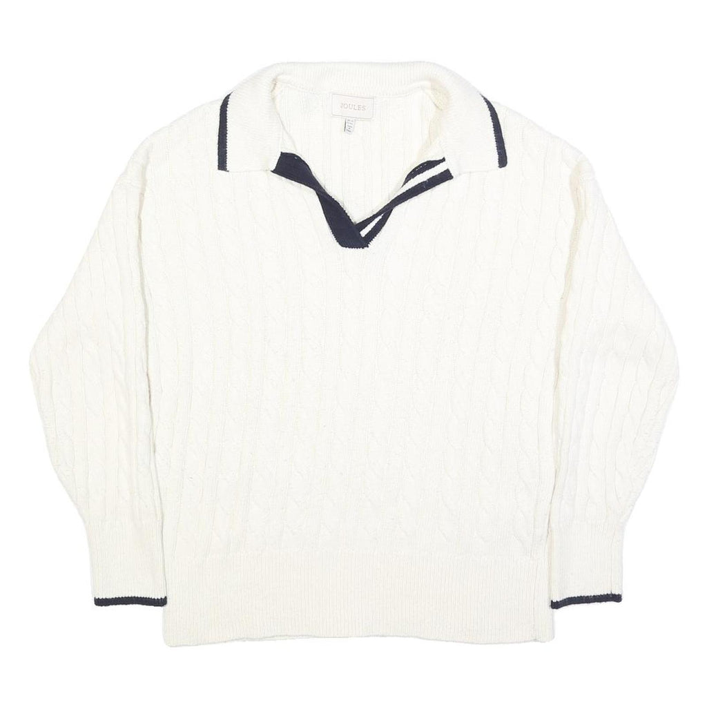 JOULES Womens White Navy Cable Knit Rugby Collar Cotton Blend Jumper UK 14