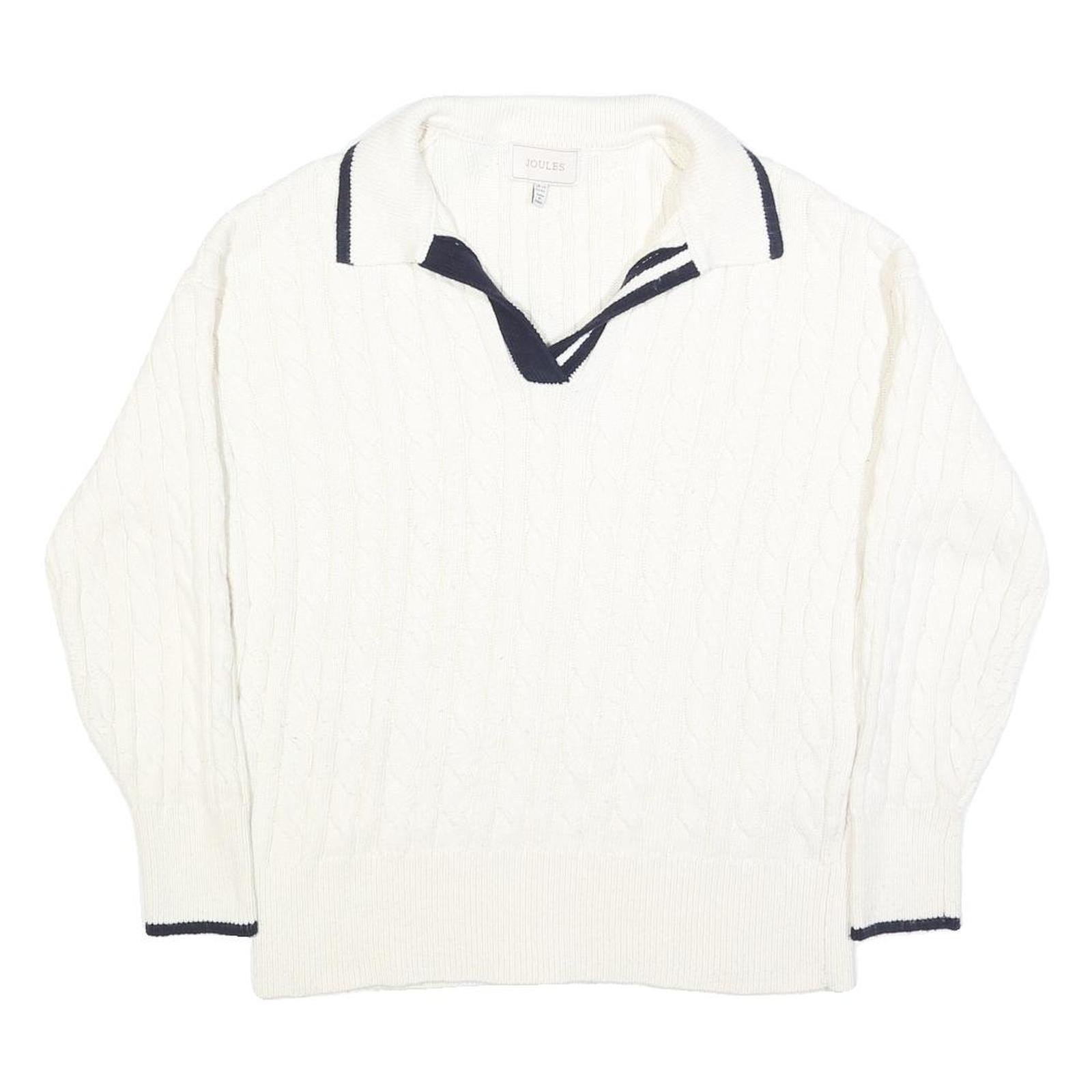 JOULES Womens White Navy Cable Knit Rugby Collar Cotton Blend Jumper UK 14