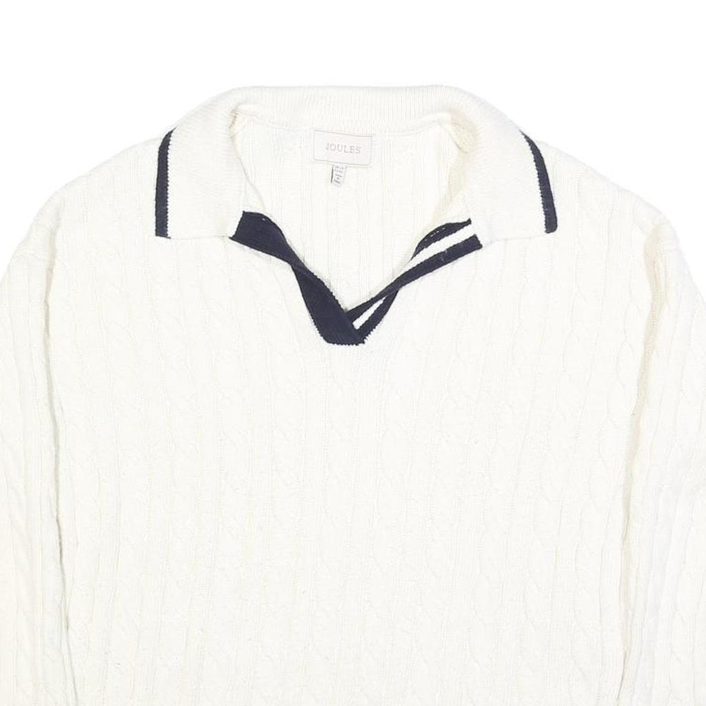 JOULES Womens White Navy Cable Knit Rugby Collar Cotton Blend Jumper UK 14