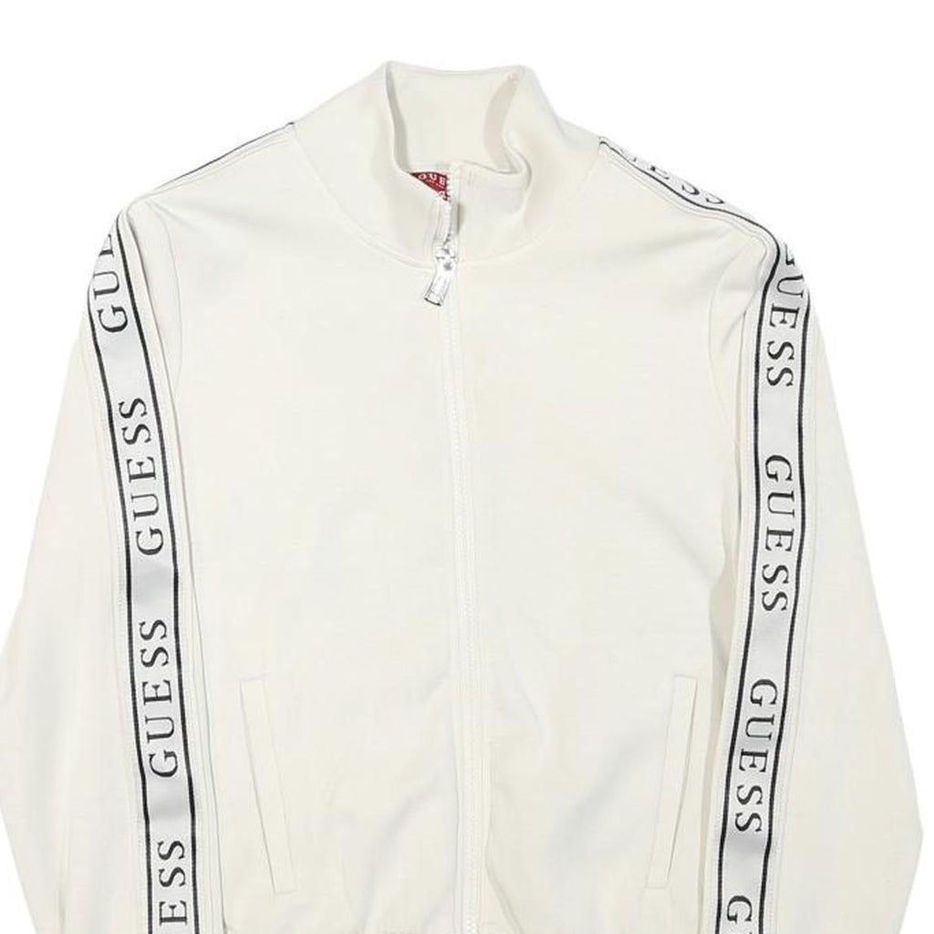 GUESS Womens White Zip Jacket XS Polyester Blend Logo Tape Casual Sportswear
