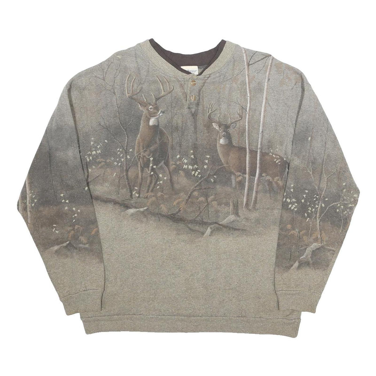 ARTISANS Mens Grey Sweatshirt M Deer Scene Cotton Blend Henley Neck Long Sleeve