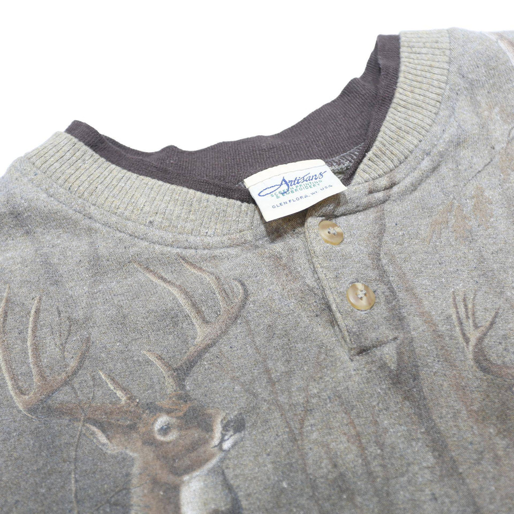 ARTISANS Mens Grey Sweatshirt M Deer Scene Cotton Blend Henley Neck Long Sleeve