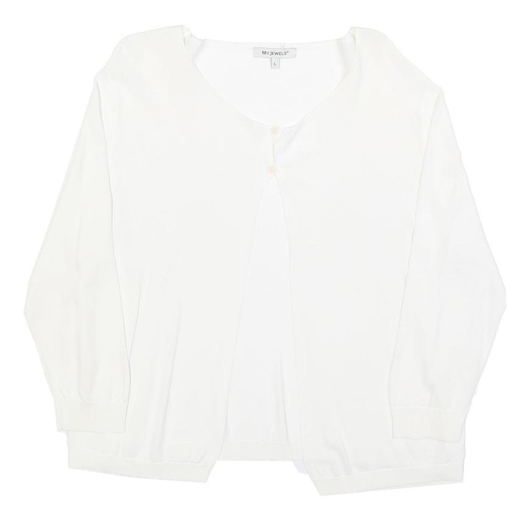 MY JEWELS Womens White Basic Long Sleeve V-Neck Top L Button Detail Lightweight