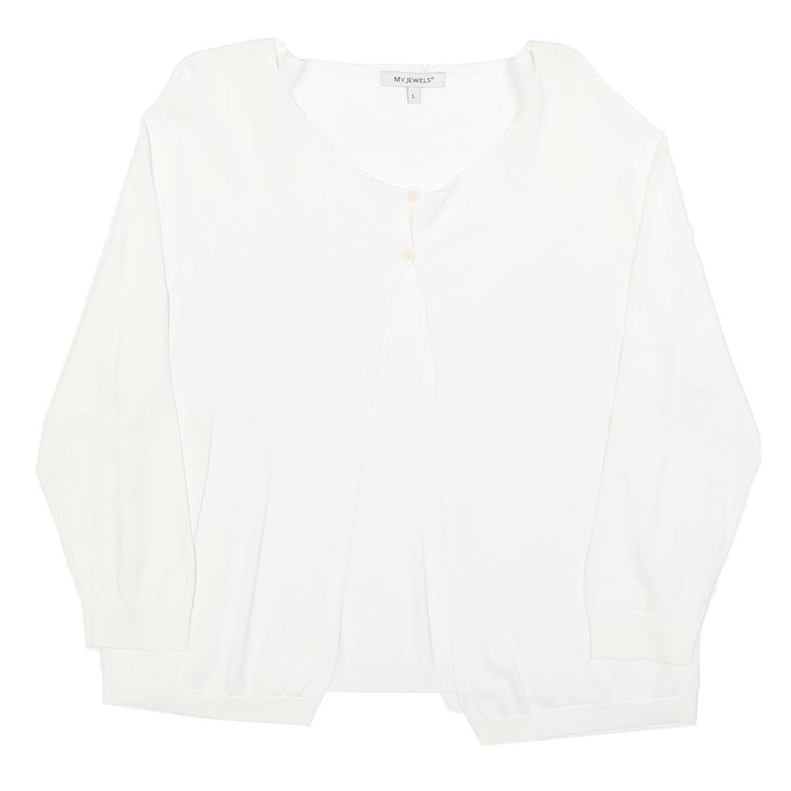 MY JEWELS Womens White Basic Long Sleeve V-Neck Top L Button Detail Lightweight