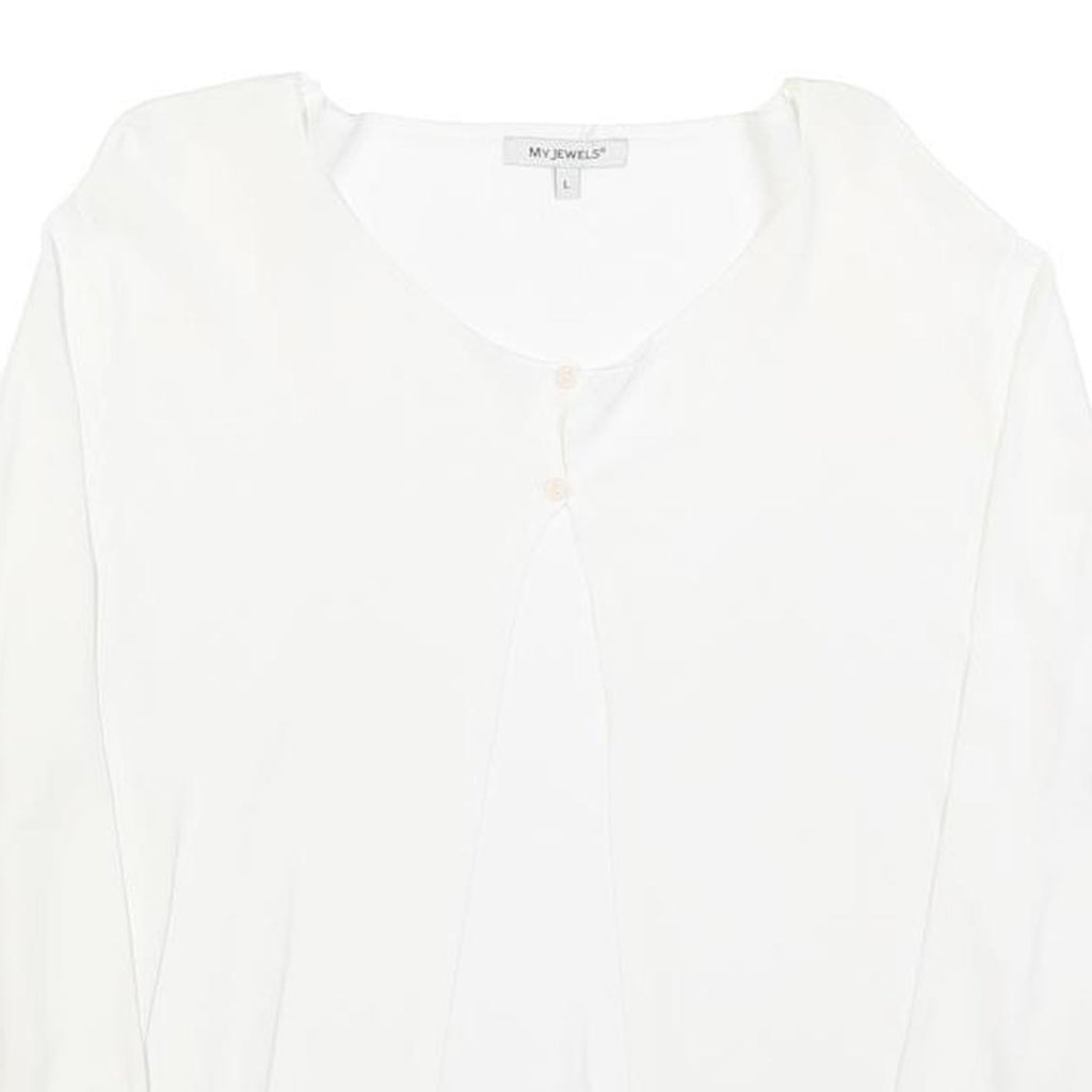 MY JEWELS Womens White Basic Long Sleeve V-Neck Top L Button Detail Lightweight