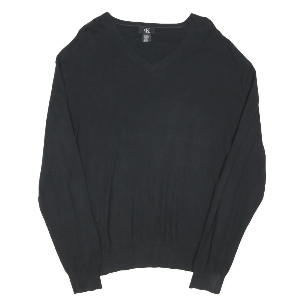 CALVIN KLEIN Mens Black Plain V-Neck Basic Knit XL Cotton Blend Jumper
