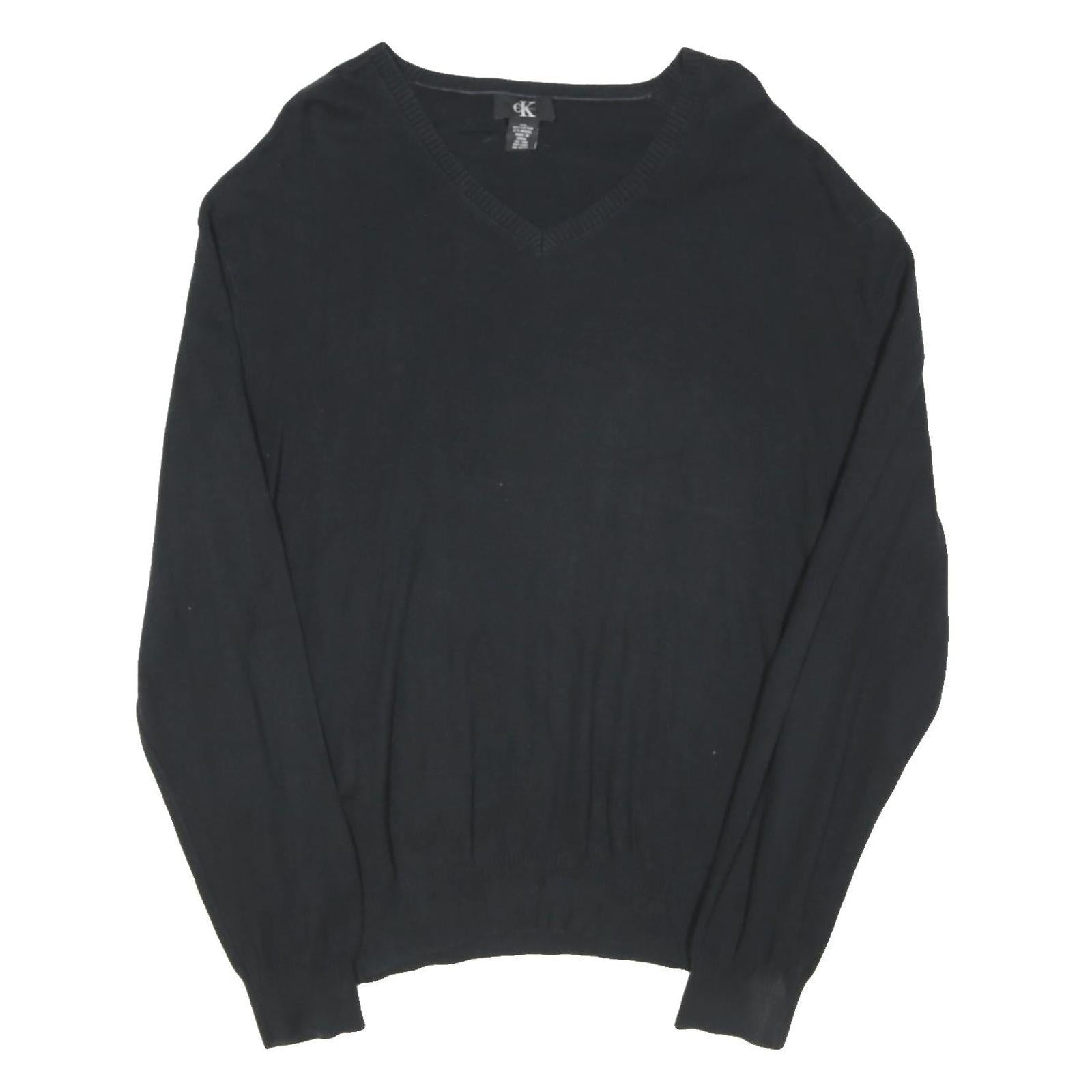 CALVIN KLEIN Mens Black Plain V-Neck Basic Knit XL Cotton Blend Jumper