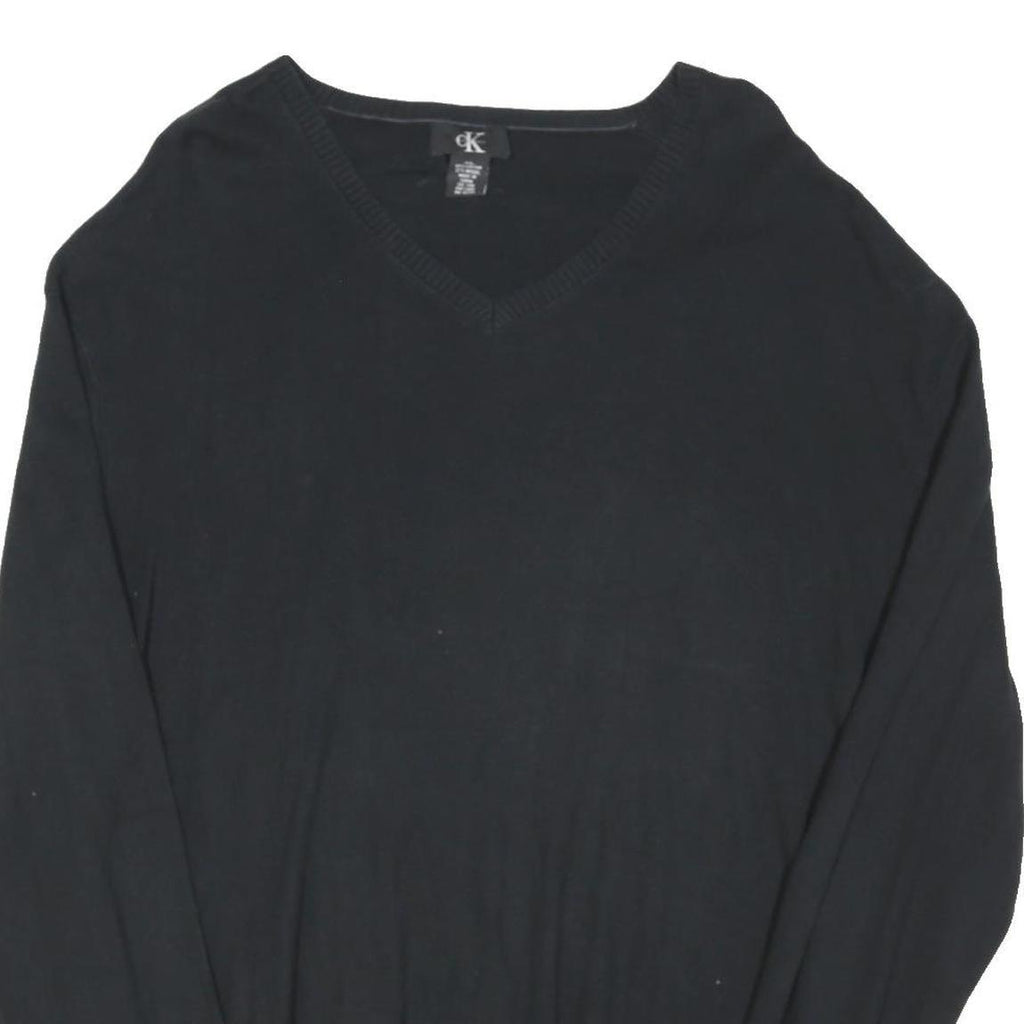 CALVIN KLEIN Mens Black Plain V-Neck Basic Knit XL Cotton Blend Jumper
