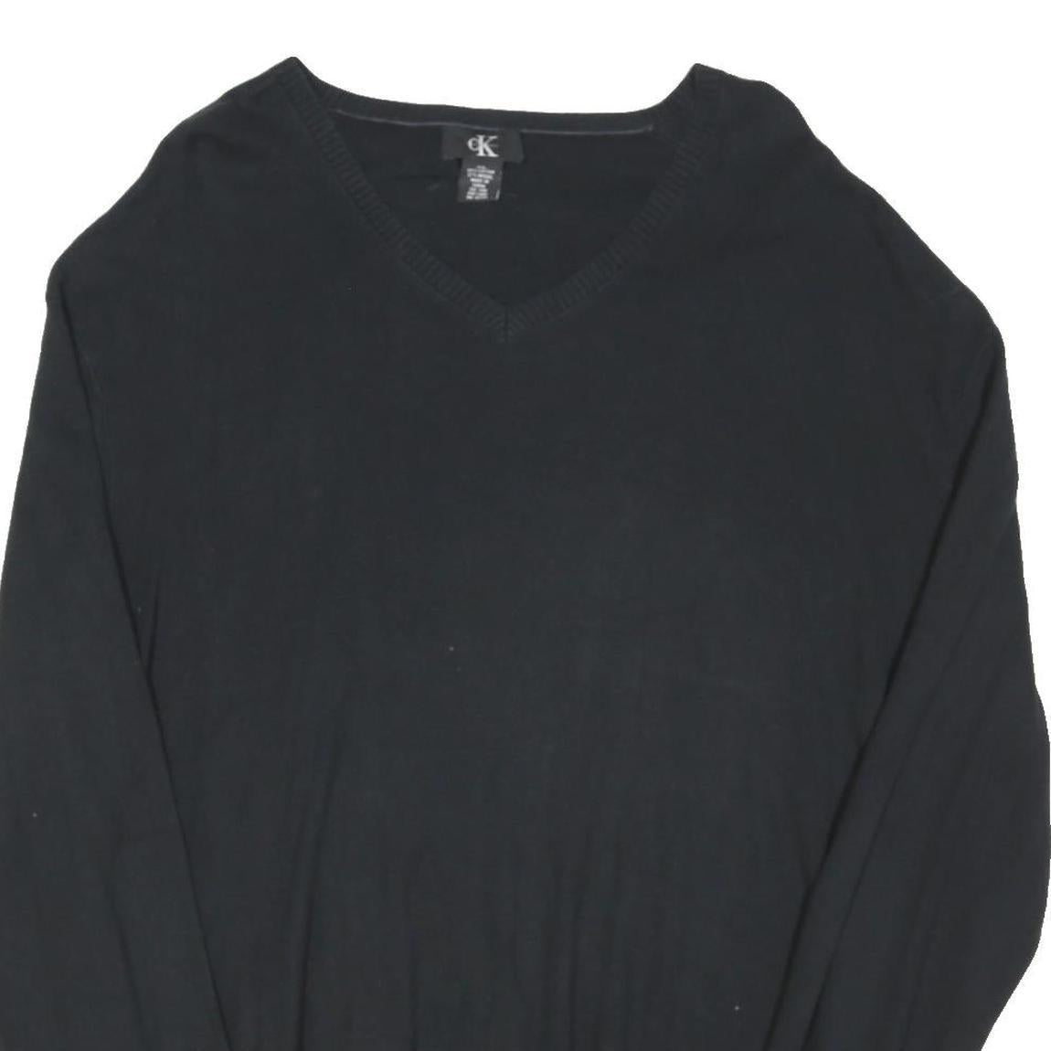 CALVIN KLEIN Mens Black Plain V-Neck Basic Knit XL Cotton Blend Jumper
