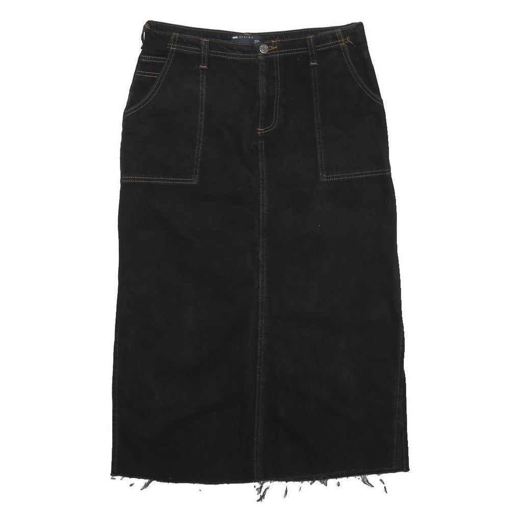 ASOS Womens Black Denim Pencil Knee Length Cotton Blend Skirt UK 14 Raw Hem