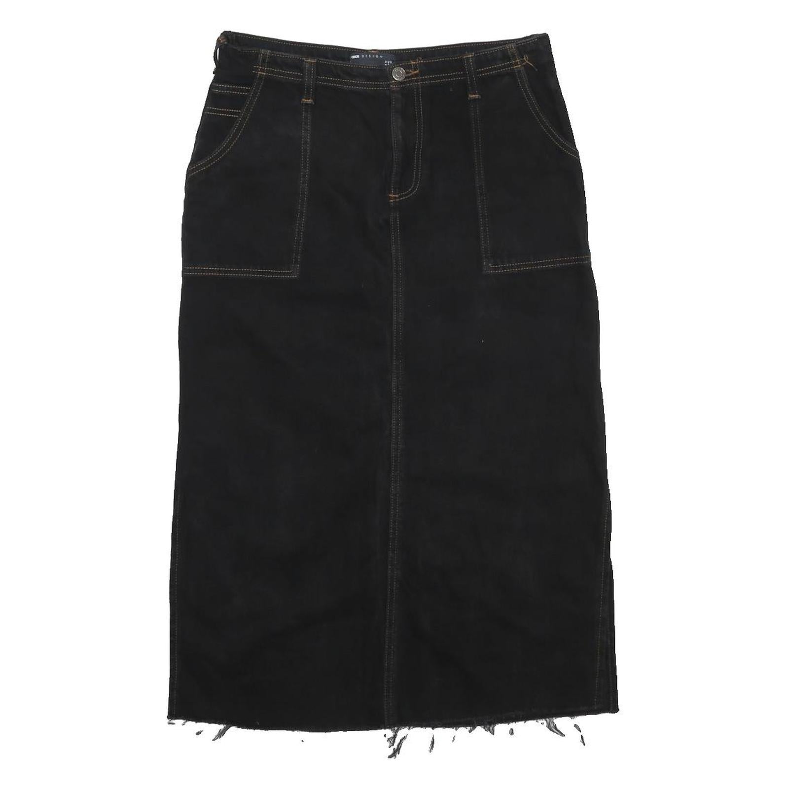 ASOS Womens Black Denim Pencil Knee Length Cotton Blend Skirt UK 14 Raw Hem