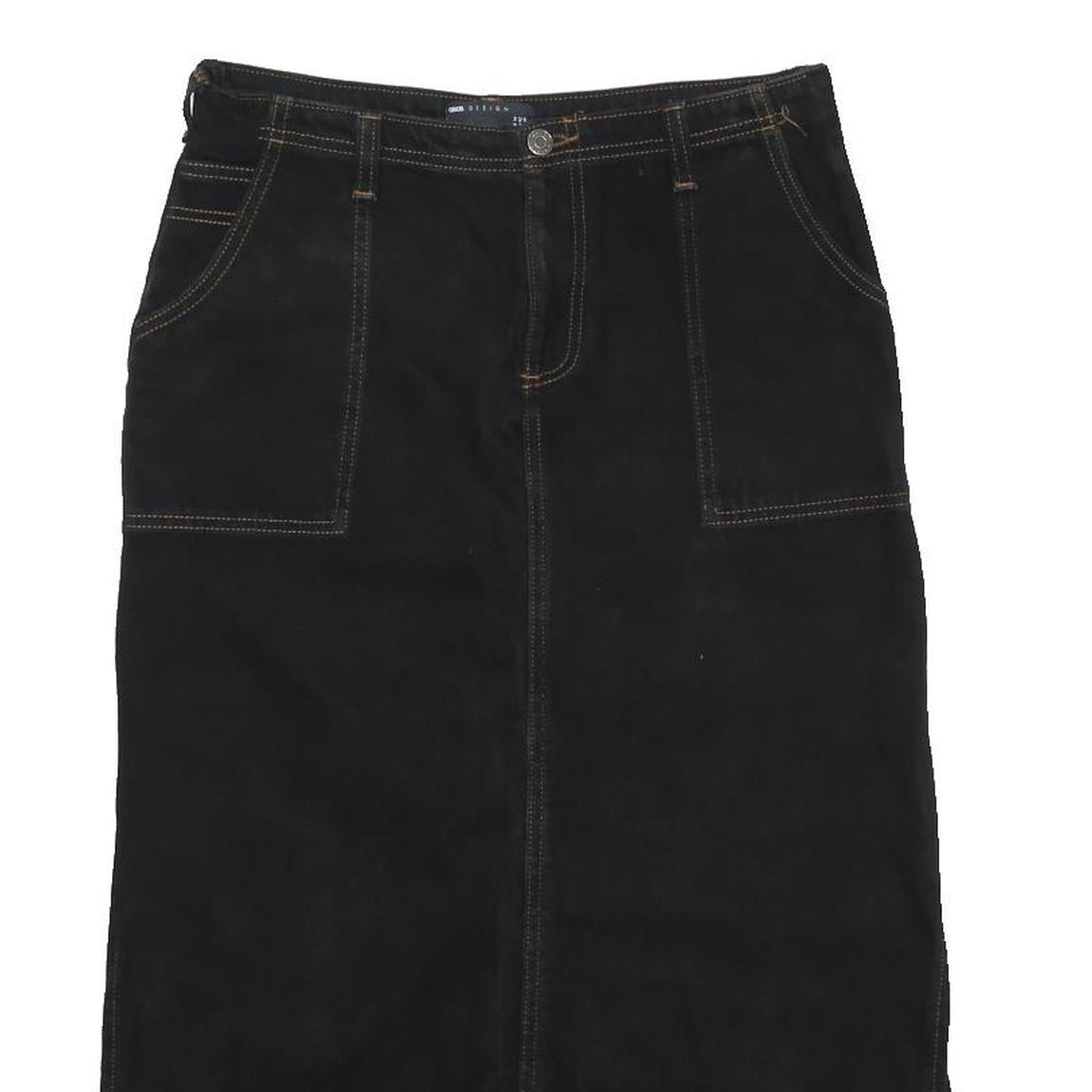 ASOS Womens Black Denim Pencil Knee Length Cotton Blend Skirt UK 14 Raw Hem