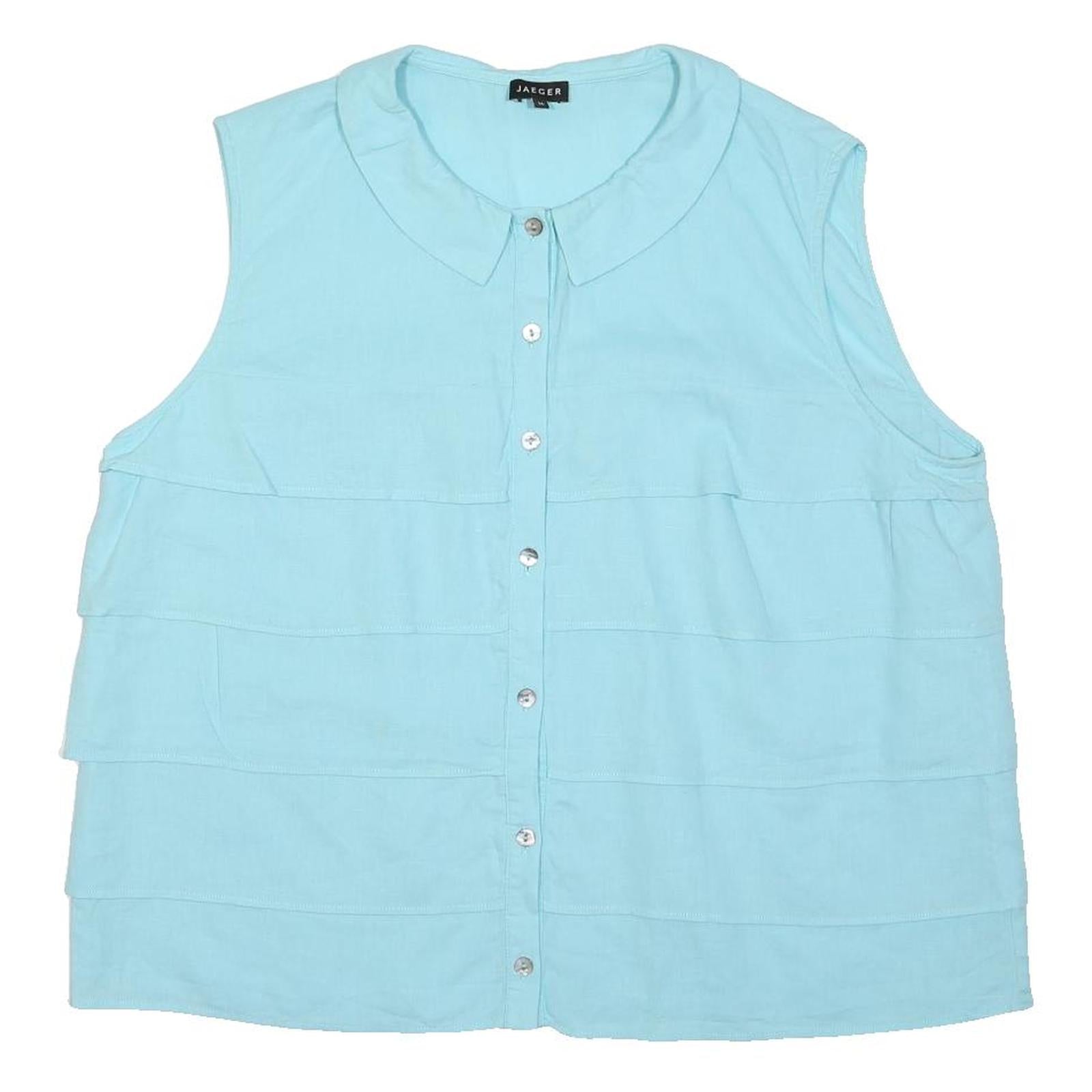 JAEGER Womens Light Blue Sleeveless Shirt Button Neck Linen Blend L Summer Top