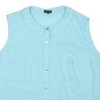 JAEGER Womens Light Blue Sleeveless Shirt Button Neck Linen Blend L Summer Top