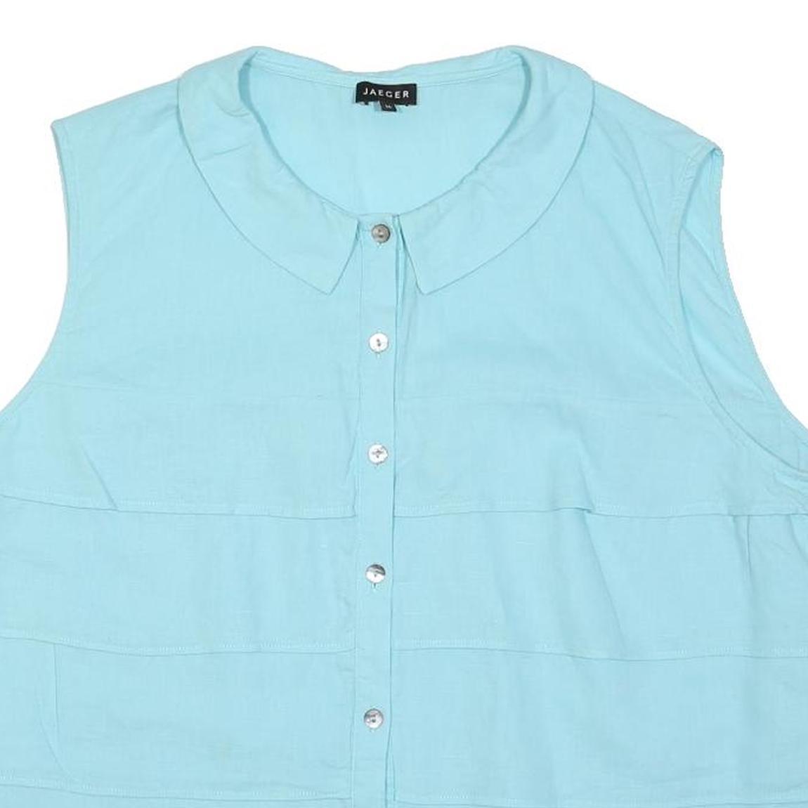 JAEGER Womens Light Blue Sleeveless Shirt Button Neck Linen Blend L Summer Top