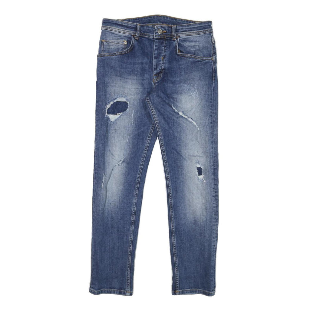 ICEBERG Womens Slim Blue Denim Stone Wash Jeans W28 L27 Distressed Zip