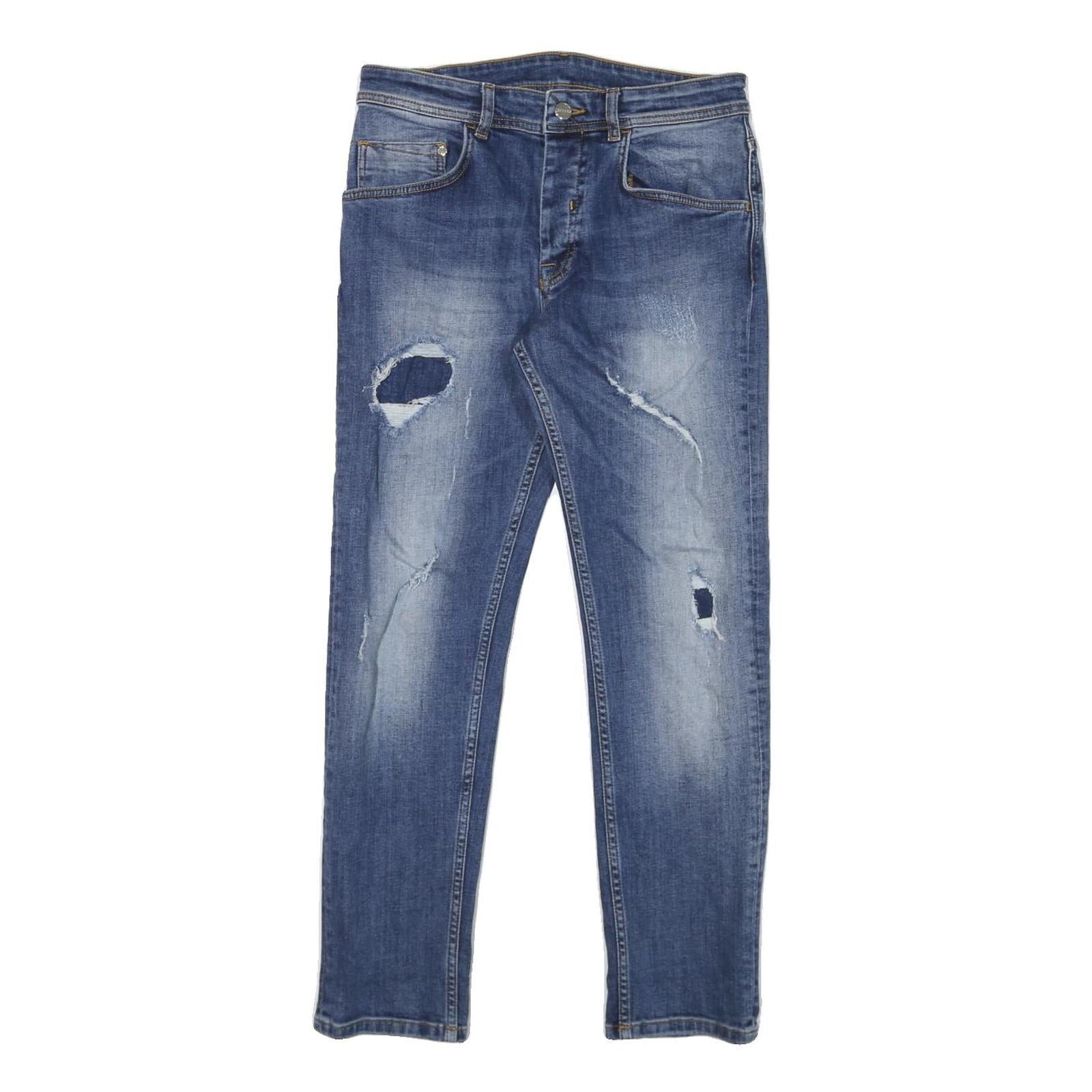 ICEBERG Womens Slim Blue Denim Stone Wash Jeans W28 L27 Distressed Zip