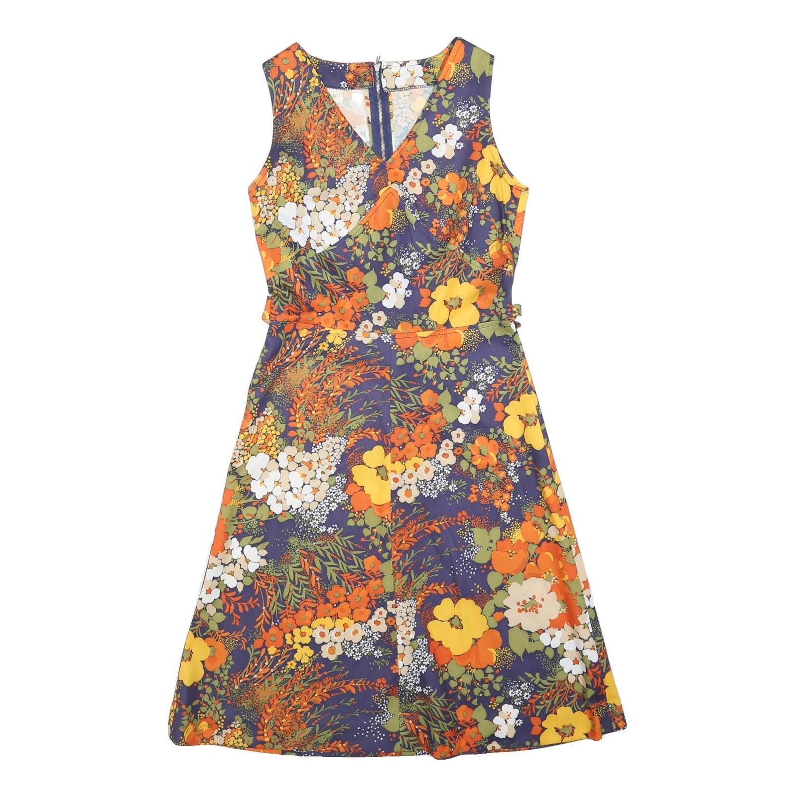 Womens Orange Green Floral Polyester Blend Day Dress Sleeveless V-Neck S