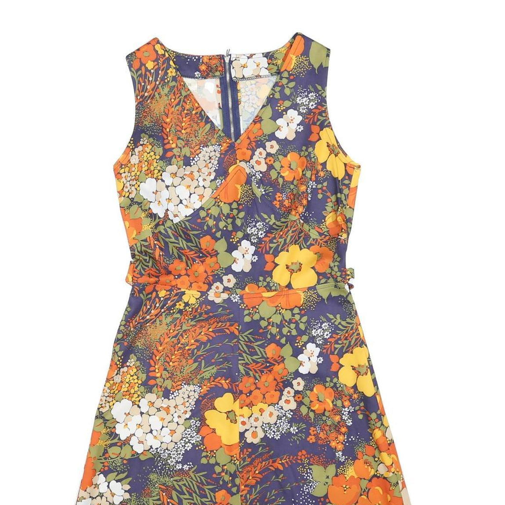 Womens Orange Green Floral Polyester Blend Day Dress Sleeveless V-Neck S