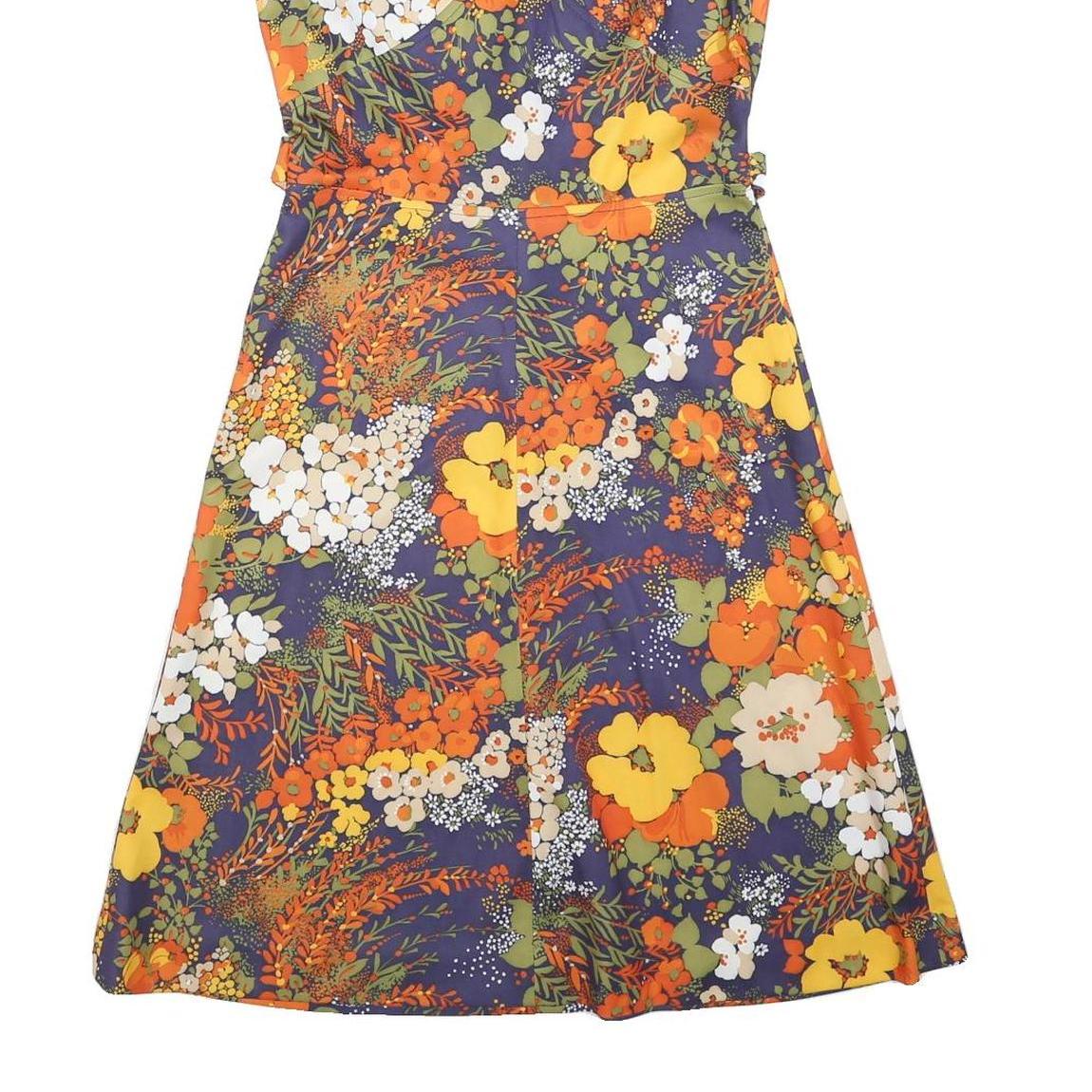 Womens Orange Green Floral Polyester Blend Day Dress Sleeveless V-Neck S