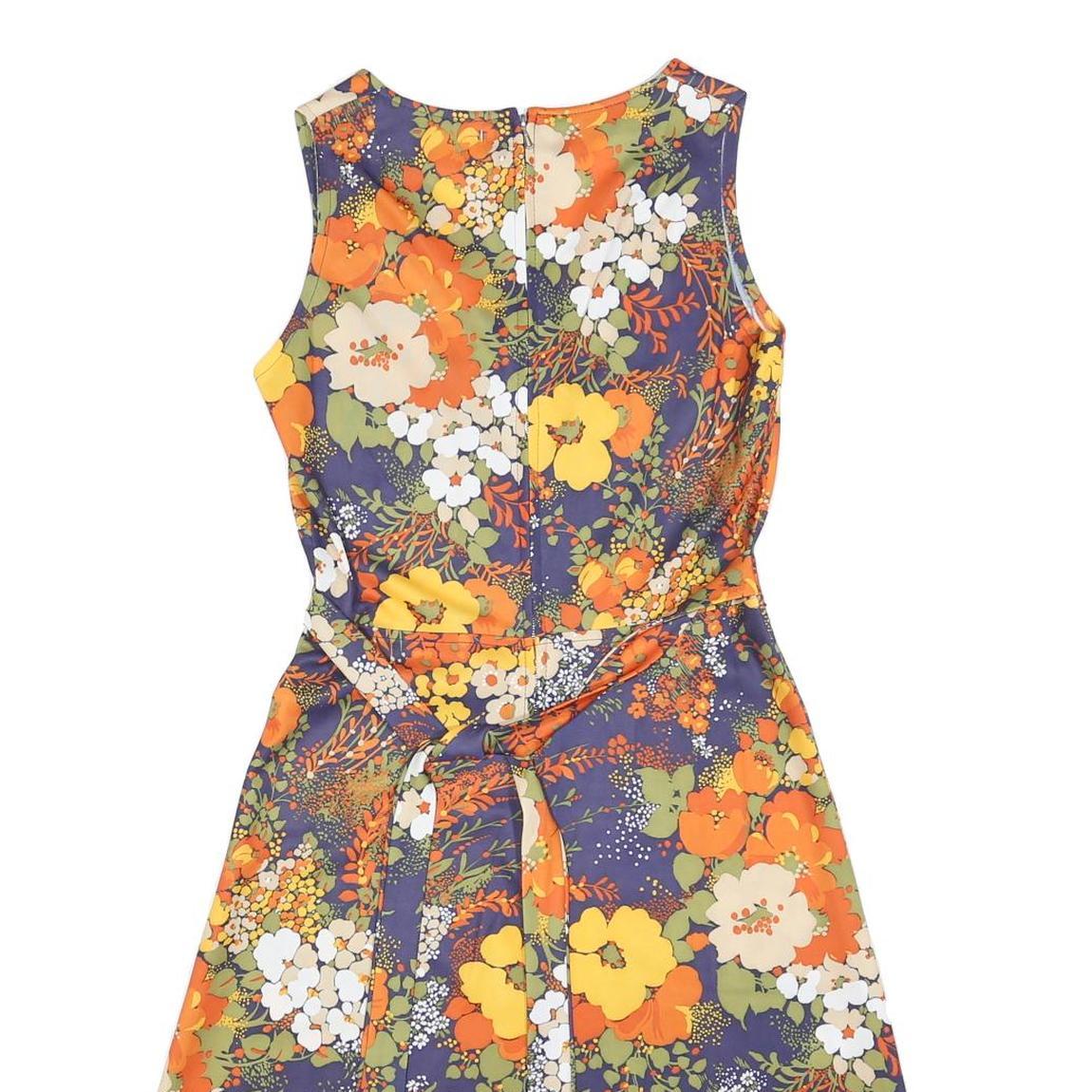 Womens Orange Green Floral Polyester Blend Day Dress Sleeveless V-Neck S