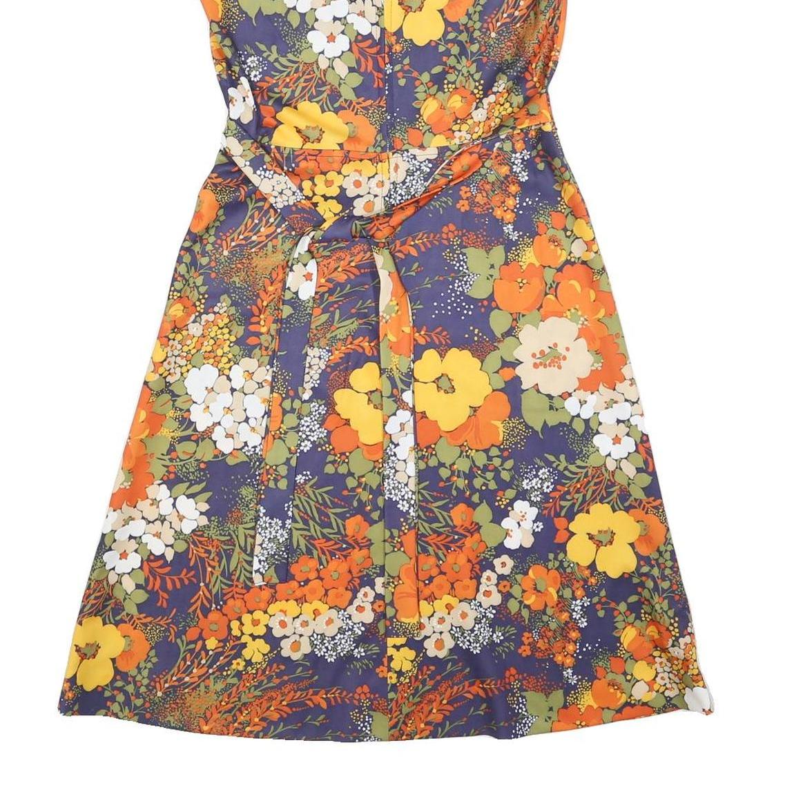 Womens Orange Green Floral Polyester Blend Day Dress Sleeveless V-Neck S