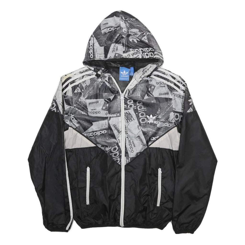 ADIDAS Mens Black & Grey Logo Print Windbreaker Jacket S Polyester Zip Hooded