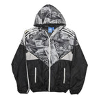 ADIDAS Mens Black & Grey Logo Print Windbreaker Jacket S Polyester Zip Hooded