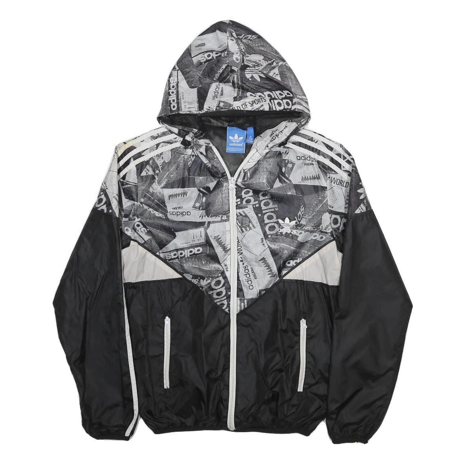 ADIDAS Mens Black & Grey Logo Print Windbreaker Jacket S Polyester Zip Hooded