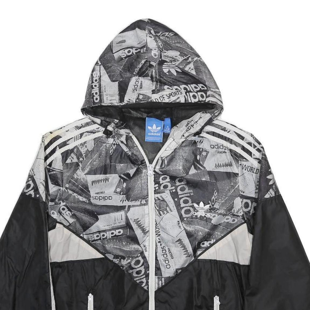 ADIDAS Mens Black & Grey Logo Print Windbreaker Jacket S Polyester Zip Hooded