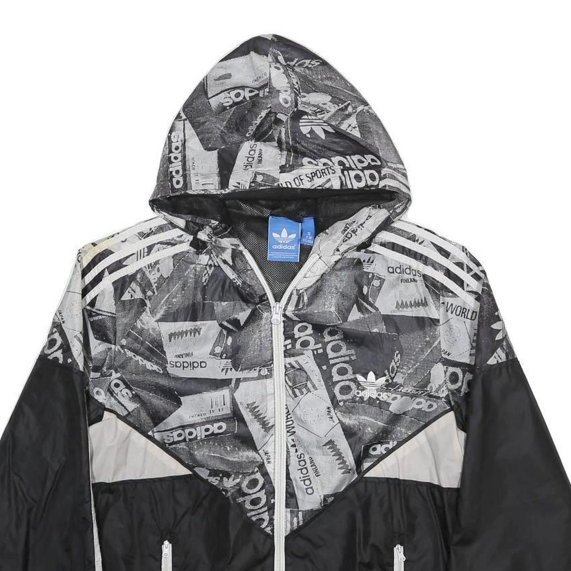 ADIDAS Mens Black & Grey Logo Print Windbreaker Jacket S Polyester Zip Hooded