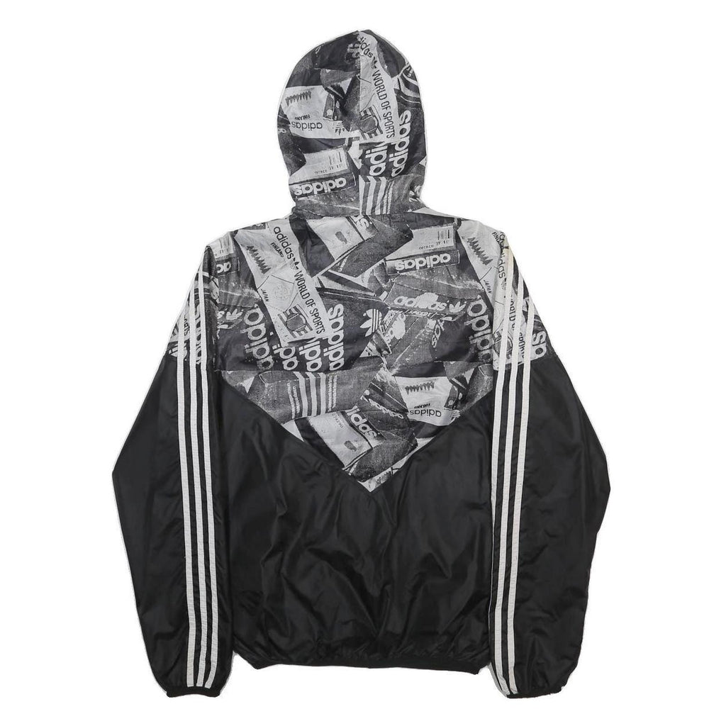 ADIDAS Mens Black & Grey Logo Print Windbreaker Jacket S Polyester Zip Hooded