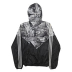 ADIDAS Mens Black & Grey Logo Print Windbreaker Jacket S Polyester Zip Hooded