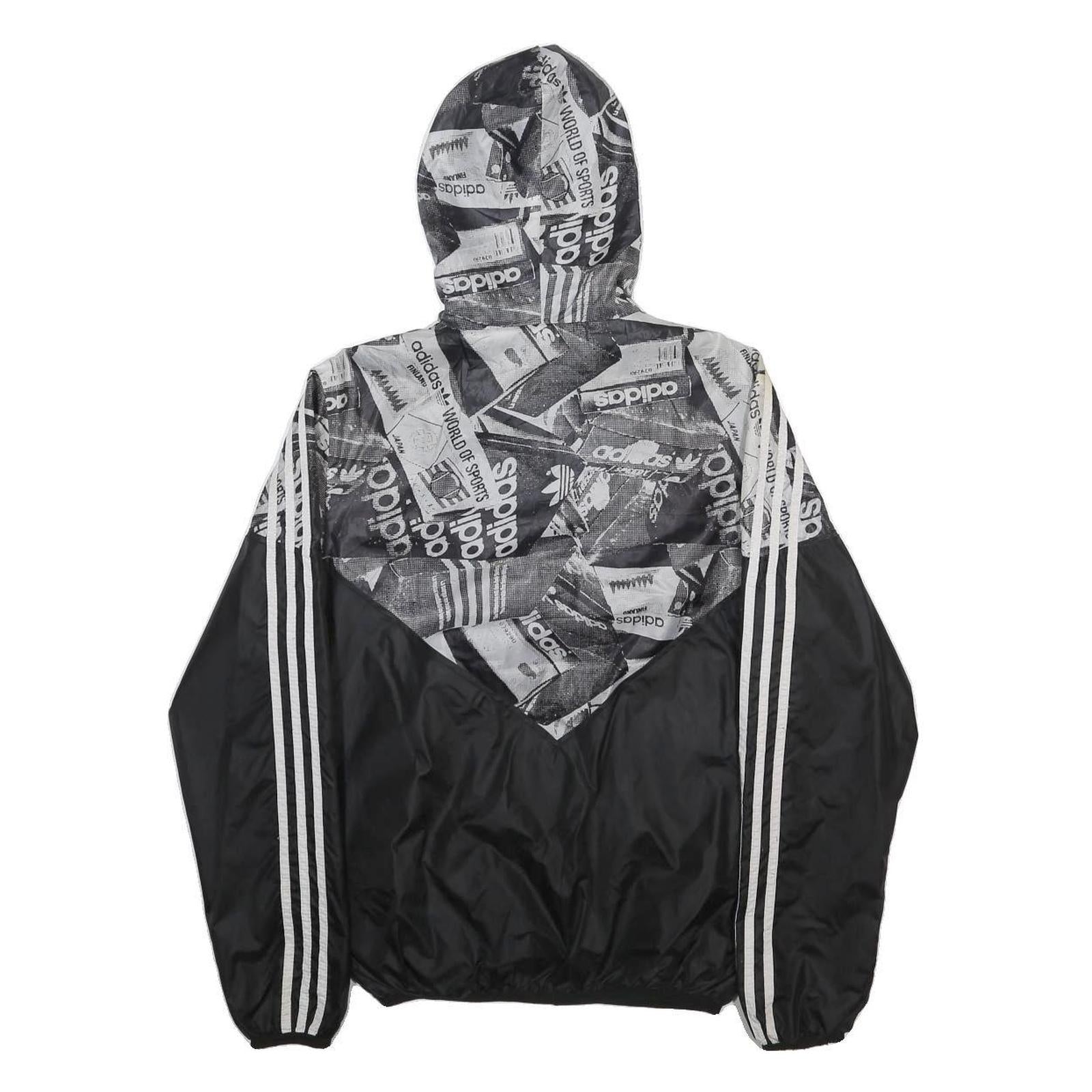 ADIDAS Mens Black & Grey Logo Print Windbreaker Jacket S Polyester Zip Hooded