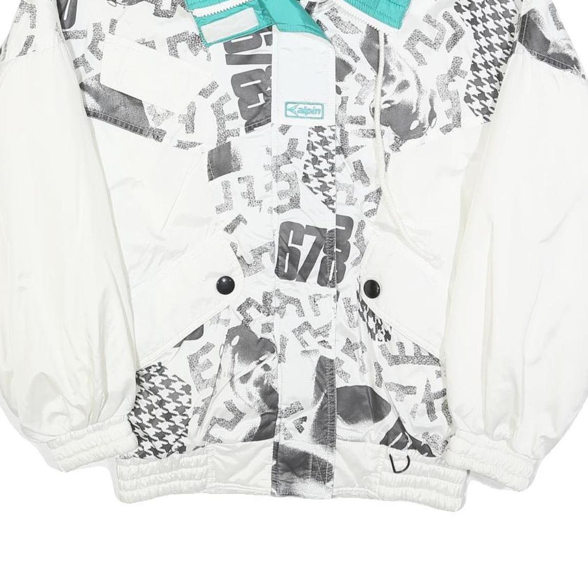 ALPINE Womens White & Turquoise Abstract Print Zip Jacket S Polyester Blend