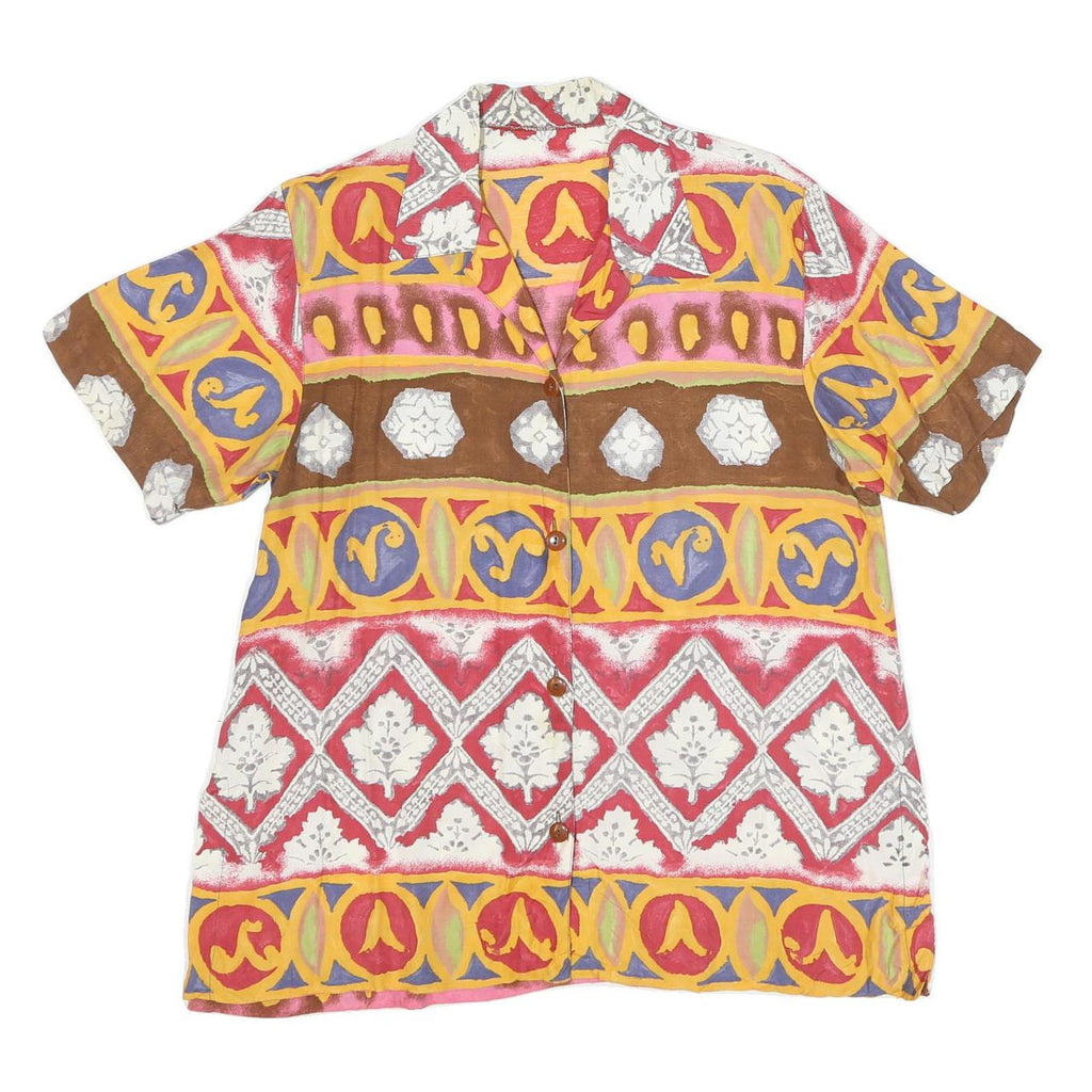 Womens Beige Brown Yellow Patterned Faux Silk Shirt L Short Sleeve Button