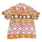 Womens Beige Brown Yellow Patterned Faux Silk Shirt L Short Sleeve Button