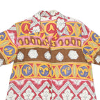 Womens Beige Brown Yellow Patterned Faux Silk Shirt L Short Sleeve Button